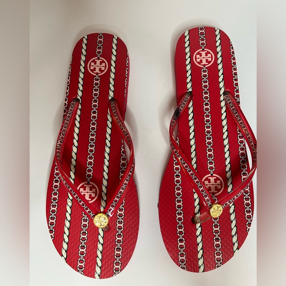 TORY BURCH 9 RED WHITE BLACK PINK NAUTICAL LINK ROPE GOLD EMBELLISHED FLIP FLOPS
